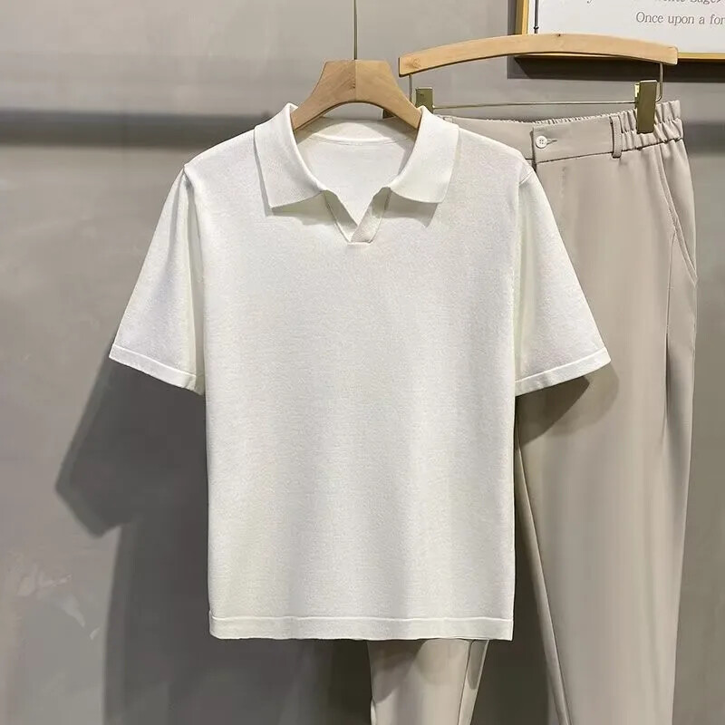 Men's Casual Light Luxury Knitted Shirt Solid Color V-Neck Short Sleeve T-Shirt