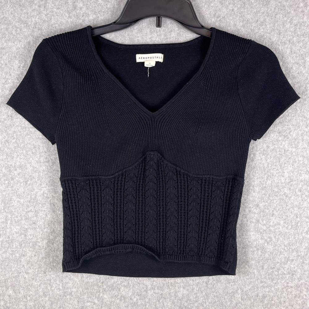 Aeropostale Sweater Women's L Black Ribbed Knit Top V-Neck Short Sleeve Fitted