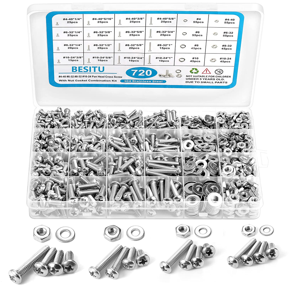 Stainless Steel Screw Assortment Kit with Nuts, Bolts, and Washers - 720 Pcs