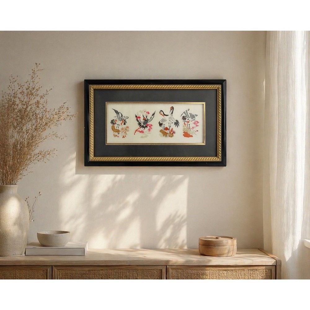 Vintage Asian Crane Silk Wall Art Framed Chinoiserie Bird Gold Frame 21” x 12.5”