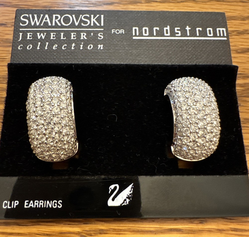 NWT  Swarovski Vintage Swan Gold & Pave Crystal Clip On Hoop Earrings $125