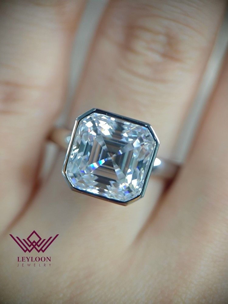 5 Carat Asscher Cut Bezel Euro Shank Solitaire D Colorless 10K Moissanite Ring