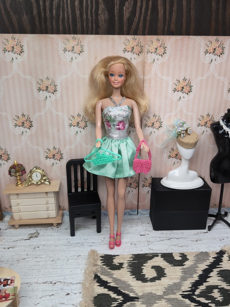 Vintage Barbie Mattel Outfit - Tagged Tricot Dress, Heels, Purse, Hanger