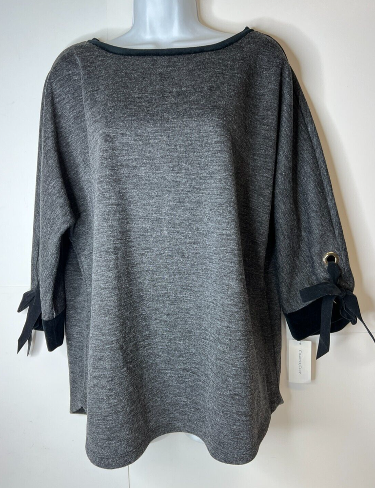 NWT Charter Club Women's XL Black Pullover Top 3/4 Tie Sleeve w/Metal Keyhole