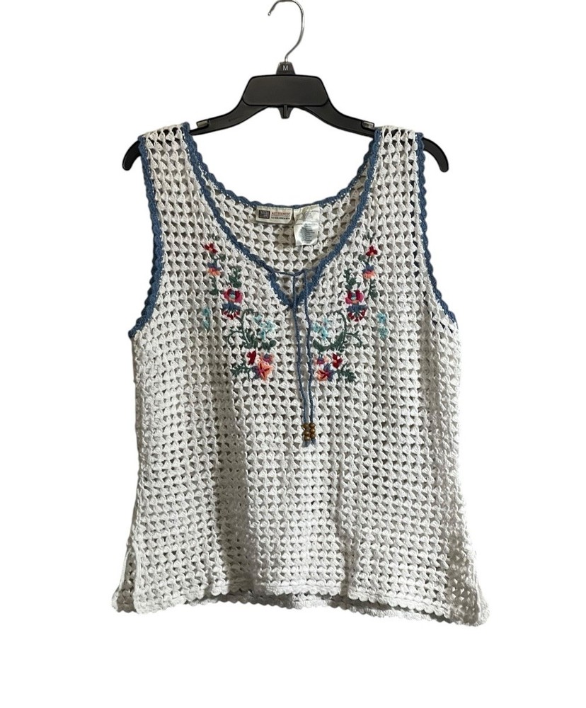 90's Vintage Faded Glory XL White Crochet Tank Top Floral Embroidery