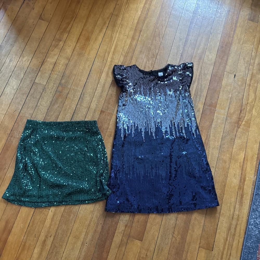 GAP Kids Blue Sequin Short Sleeve Dress Party Holiday Girls Sz M 8 w bonus skirt
