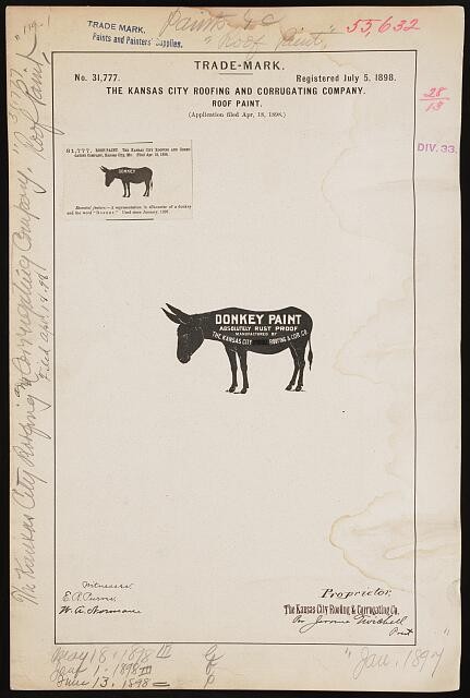 Kansas City Missouri 1898 Donkey Paint Roof Paint Trademark Registration