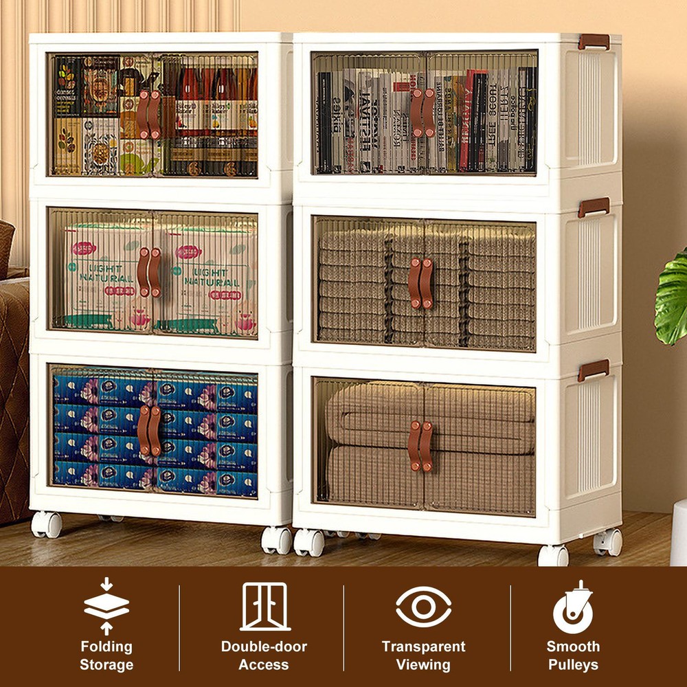 3 Tier Large Capacity Foldable Organizer Box Cabinet with Wheels, Storage Bins