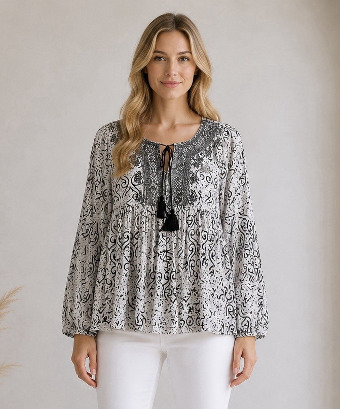 Womens Metallic Embroidered Balloon Sleeve Top Size Medium Boho Summer Chic