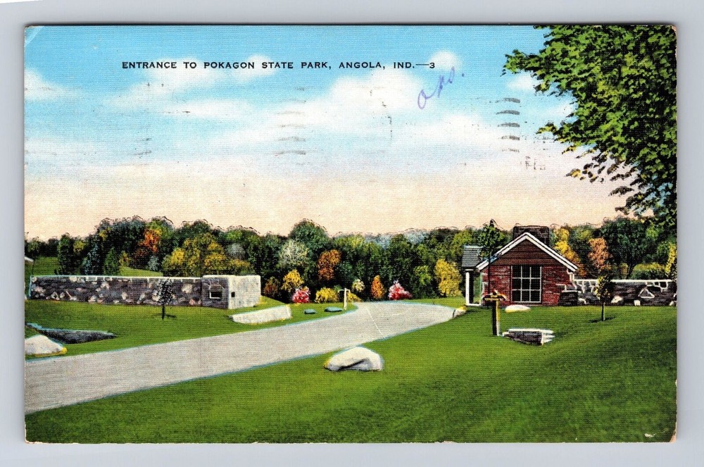 Angola IN- Indiana, Entrance To Pokagon State Park, Vintage c1948 Postcard
