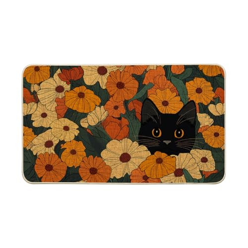 Black Cat Flowers Summer Home Decor Low-Profile Switch Rug Door Mat for Stylish Entryways