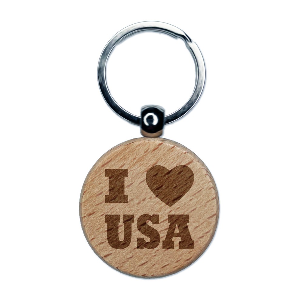 Patriotic USA Heart Wood Engraved Keychain I Love America