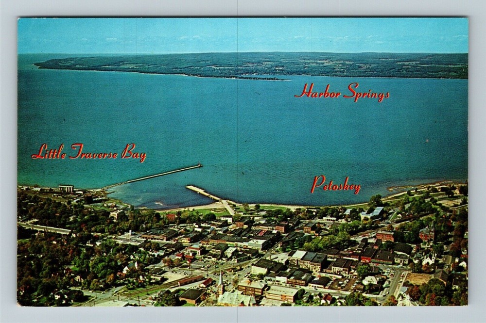 Petoskey MI-Michigan, Aerial Lake View And Town, Vintage Postcard