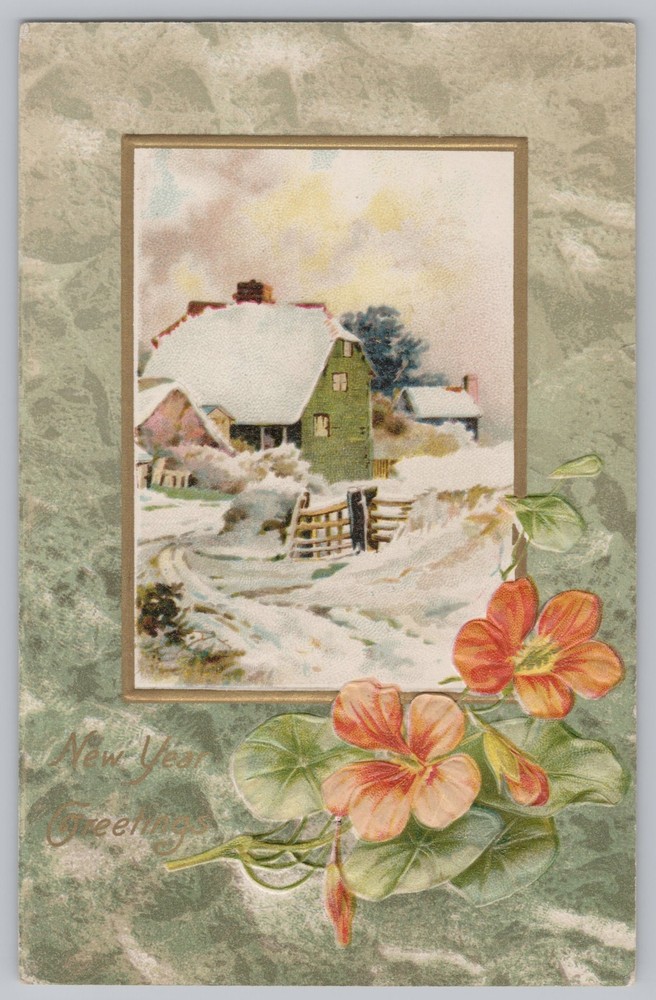 Holiday~New Year~Red Pansies~Snowy Path to Village~Vintage Postcard