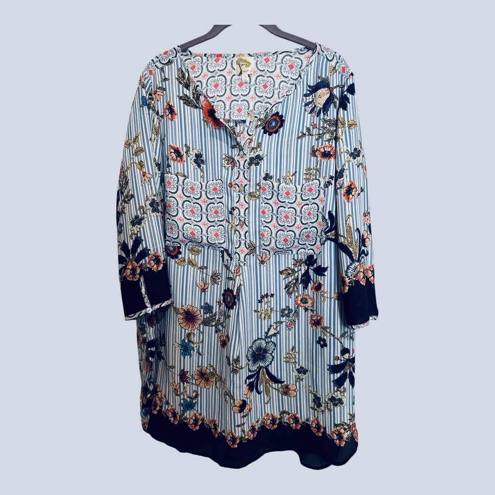 Fig & Flower Blue White Stripe Floral Tunic Top Cottagecore Coastal Boho Size 2X