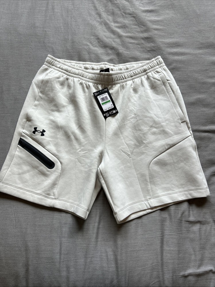 Under Armour Unstoppable Fleece Men's White Loose Shorts L Drawstring Pockets