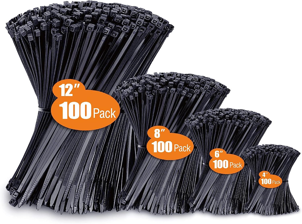 400-Pack Black UV-Resistant Cable Ties in 4-12 Inch Assorted Sizes