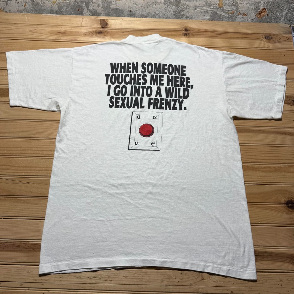 Vintage 90s Risk It Gear Red Button Wild Sexual Frenzy Graphic T-Shirt Men's XL