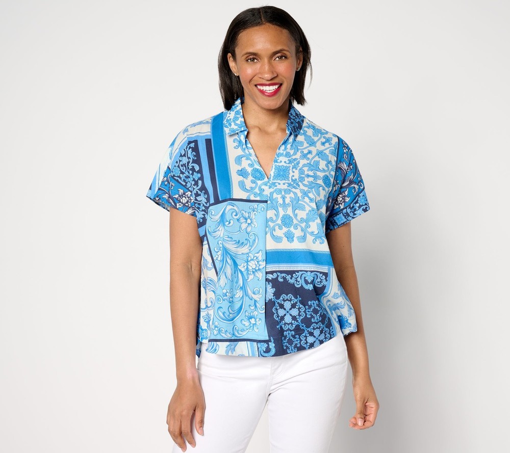 BEAUTIFUL by Lawrence Zarian Women's Top Sz L Printed Patchwork Blue A644436
