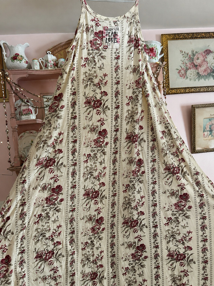 Magnolia Pearl, Floral Print Flowing Tank Dress, Vintage White