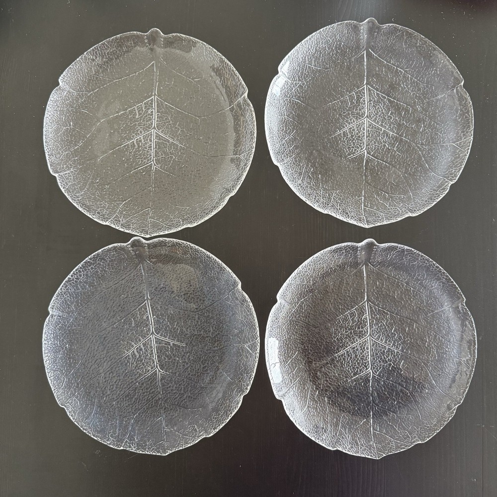 Set 4 Vintage Arcoroc Aspen Leaf Clear Glass Appetizer Salad Plates France 7.5