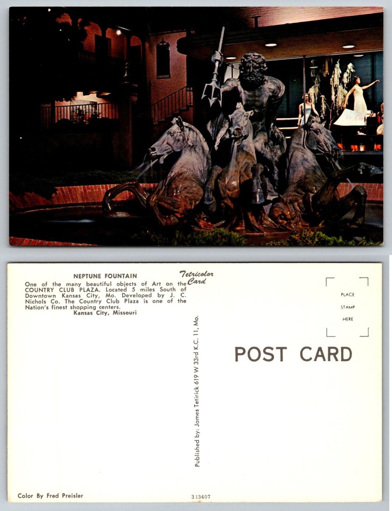 Neptune Fountain Country Club Plaza Kansas City MO Vintage Postcard Tetricolor