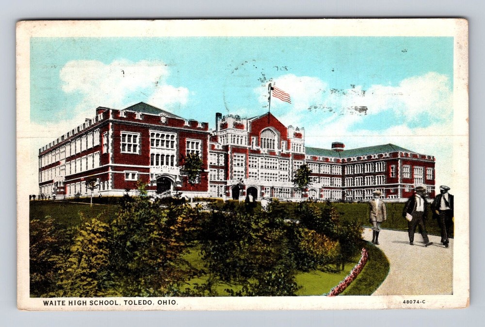 Toledo OH-Ohio, Waite High School Building, Boy & Gents, Vintage c1929 Postcard