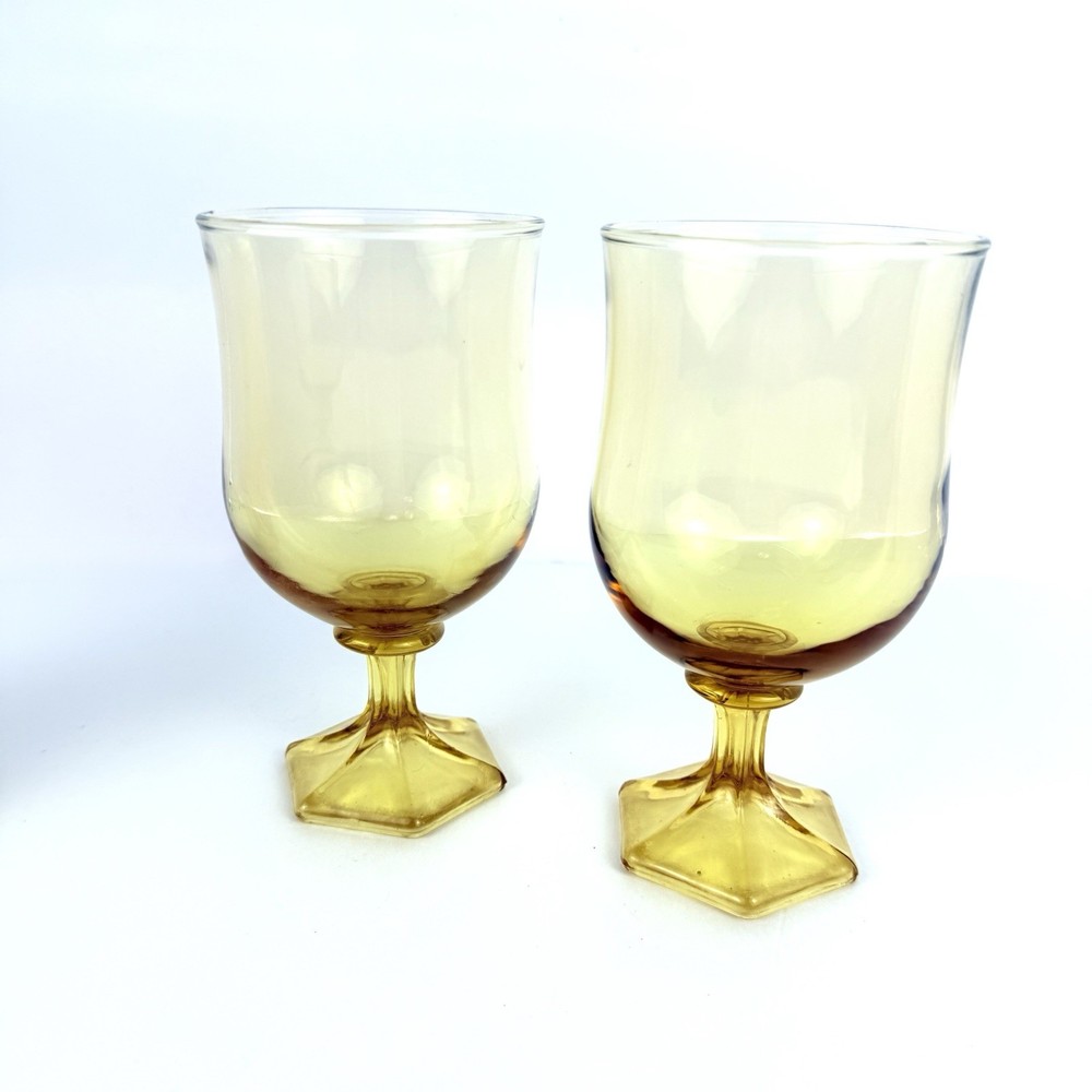 (2) Anchor Hocking Flair Yellow Honey Amber Water/Wine Goblets Hexagon Footed