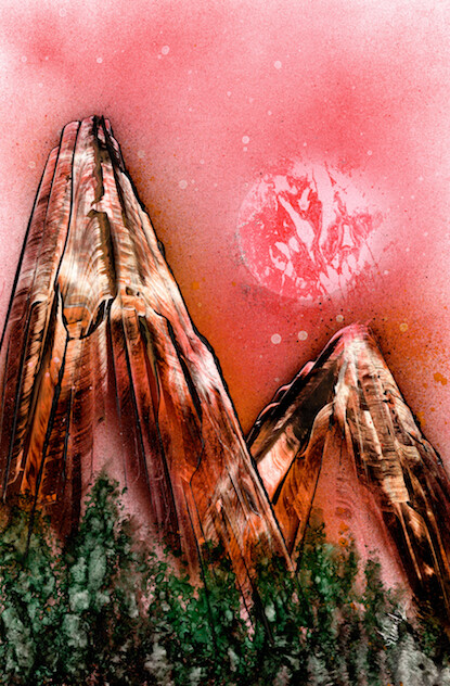 Alp Landscape Signed Original art with Marbled Moon by artist Jason Girard.