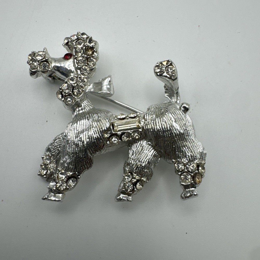 Vintage Weiss Poodle Brooch silver-colored Rhinestone