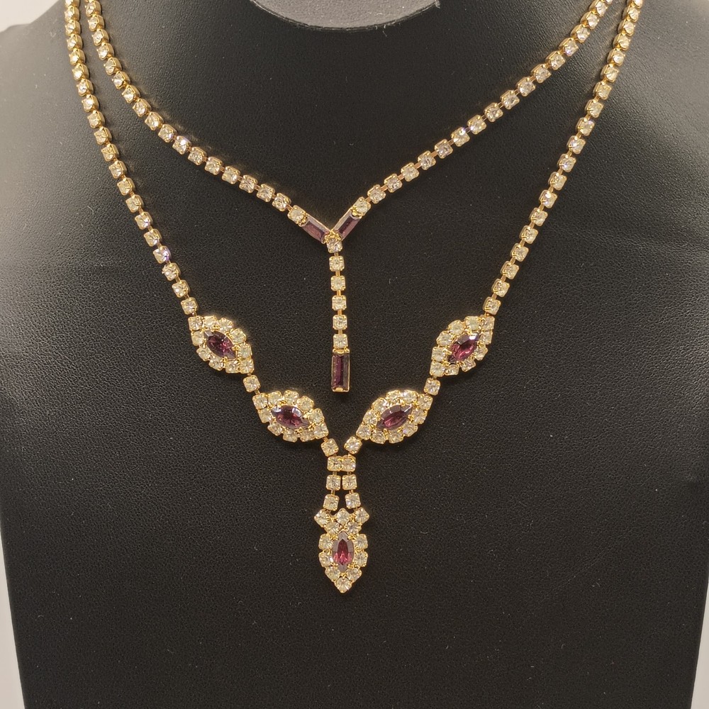 Vintage Rhinestone Necklace Lot Gold Tone Purple Crystal Bridal Prom 15