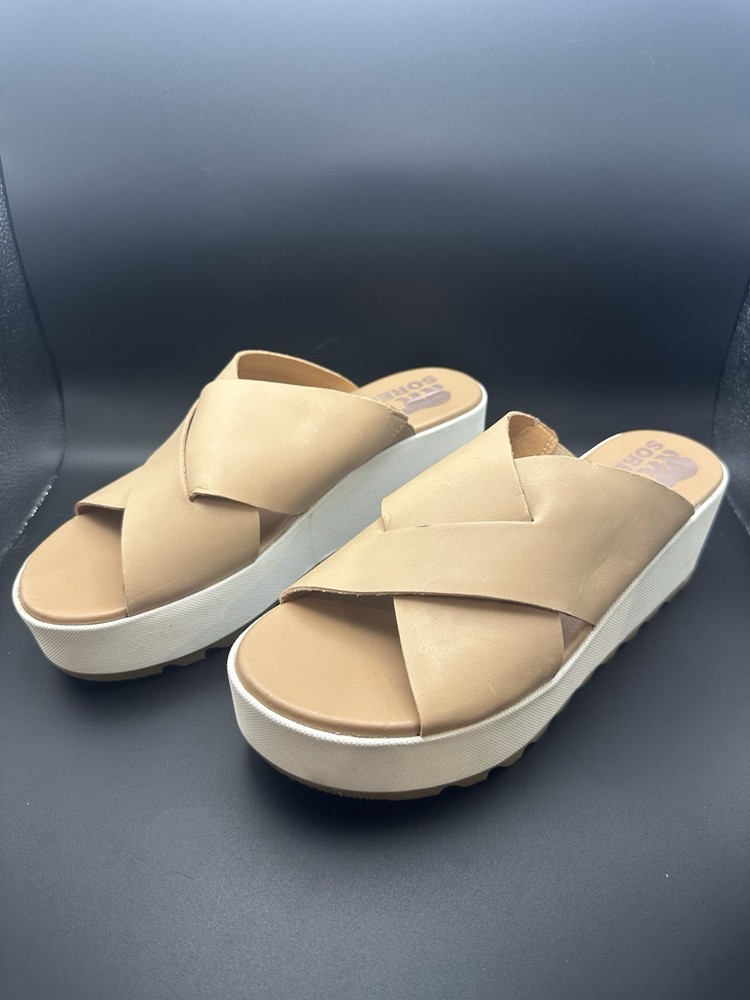 Sorel Cameron Flatform Mule Sandals in Honest Beige Sea Salt Women's Size 7.5
