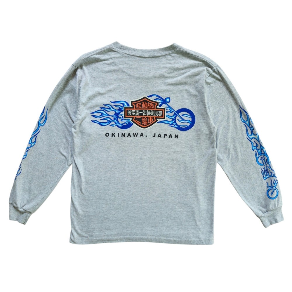 Vintage Harley Davidson Okinawa Japan Als Yum Yum Tree Flame Sleeve Shirt XL