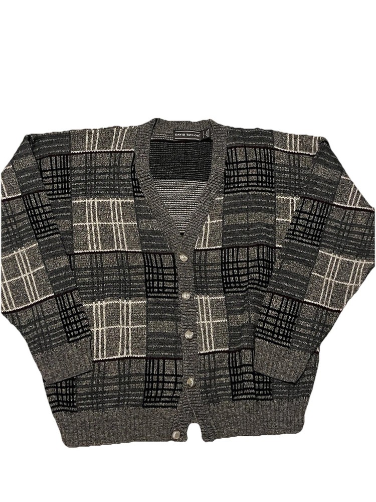 VTG David Taylor Cardigan Sweater Size Large Gray Geometric 80s 90s Dad Grandpa