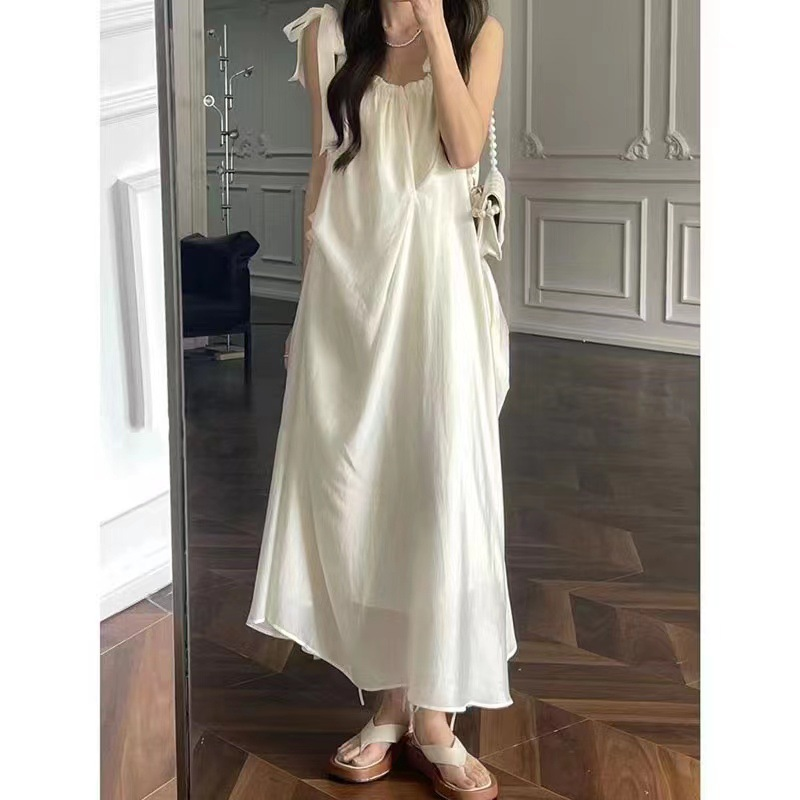 Women's Suspender Dress Summer White Solid Color Lace Up Round Neck Long Skirt