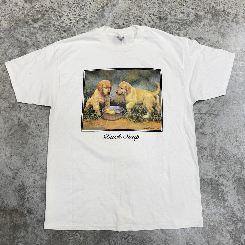 Vintage Hanes Shirt Mens XL White Duck Soup Golden Retriever Dogs Graphic 80s