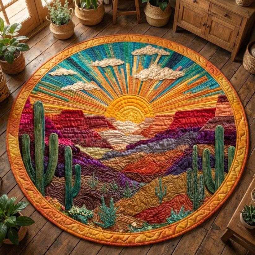 Southwest Cactus Desert Sunset Quilted Round Rug Boho Area Mat Home Decor Gift