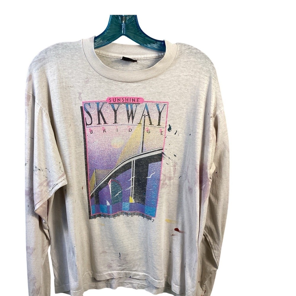 Vintage 1987 Sunshine Skyway Bridge Shirt XL Screen Stars Long Sleeve Thrashed
