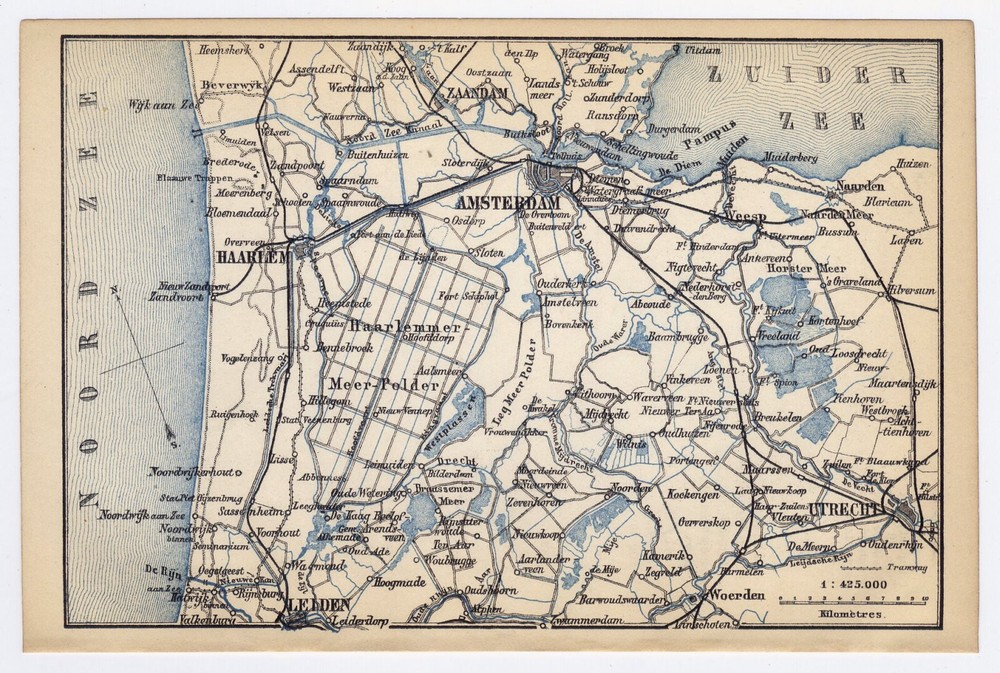 1885 Antique Map Of Central Holland Netherlands / Amsterdam Utrecht Haarlem