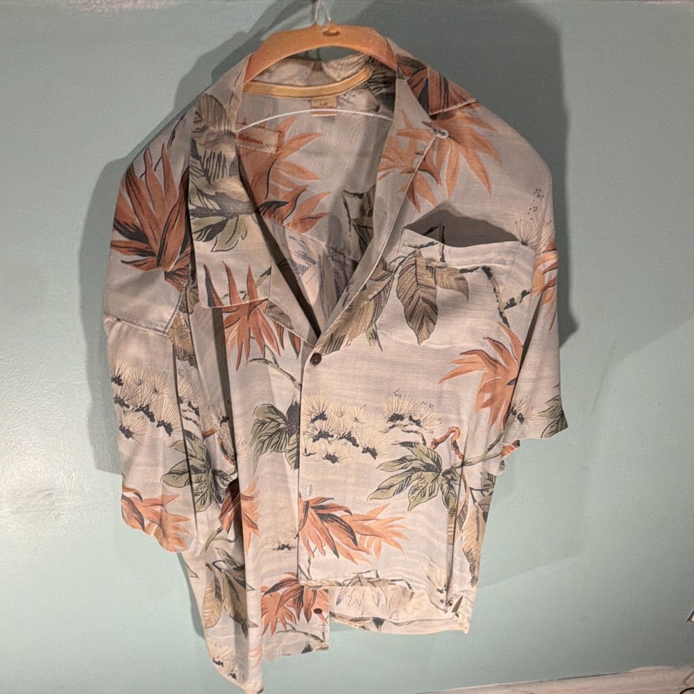 Tommy Bahama Men's L Beige Silk Floral Short Sleeve Button-Up Shirt