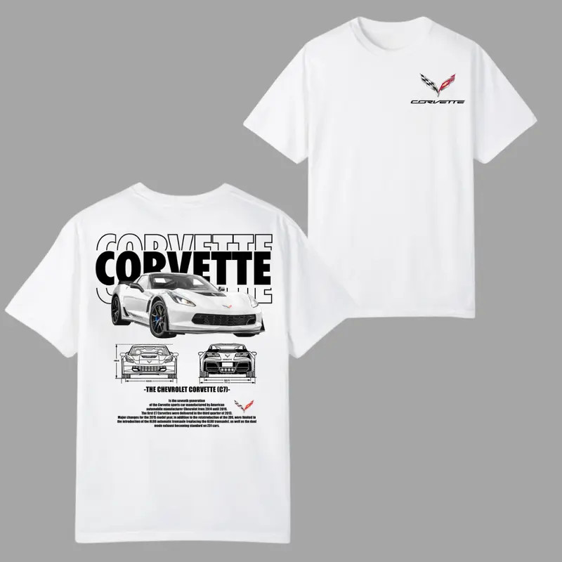 Corvette C7 Sports Car T-shirt, 2 Sides, White Performance Coupe Blueprint Desig