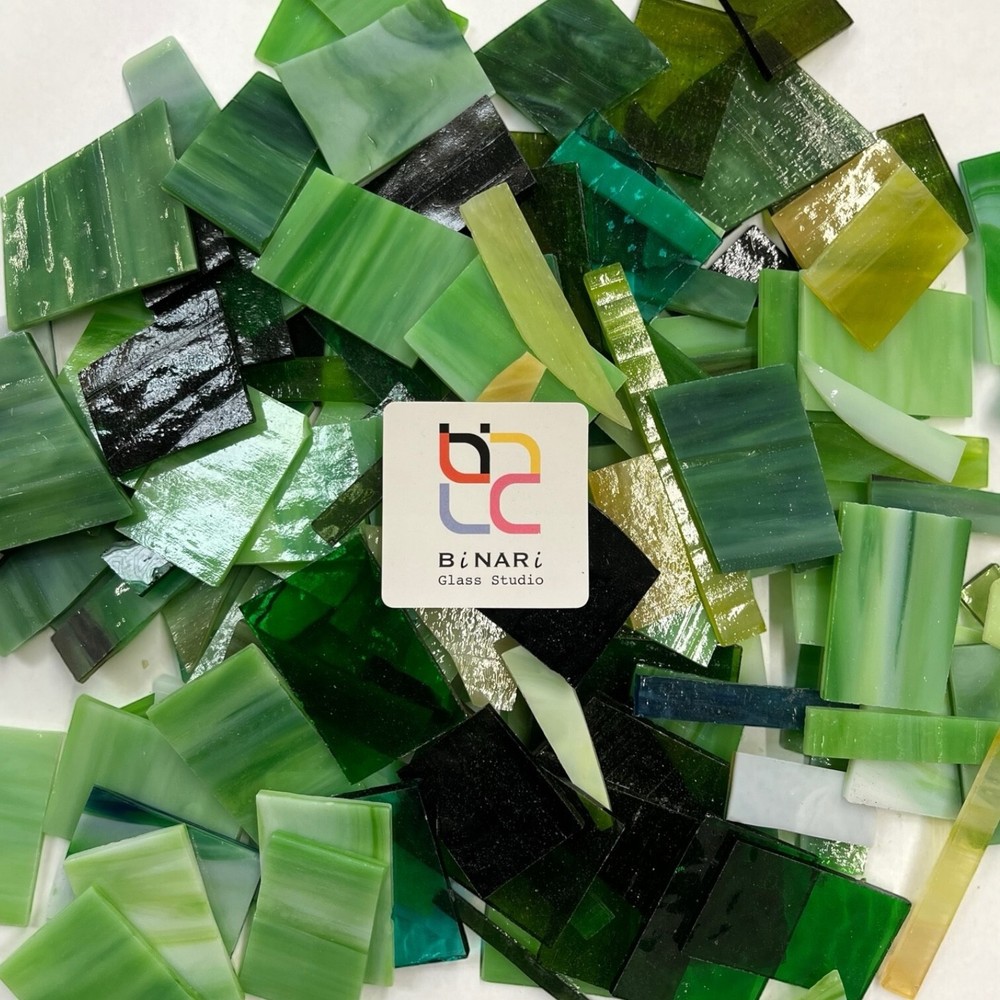 GREEN TONE Stained Glass Scrap Pieces Sheets, Glass Mosaic Tiles - 1.5 LB