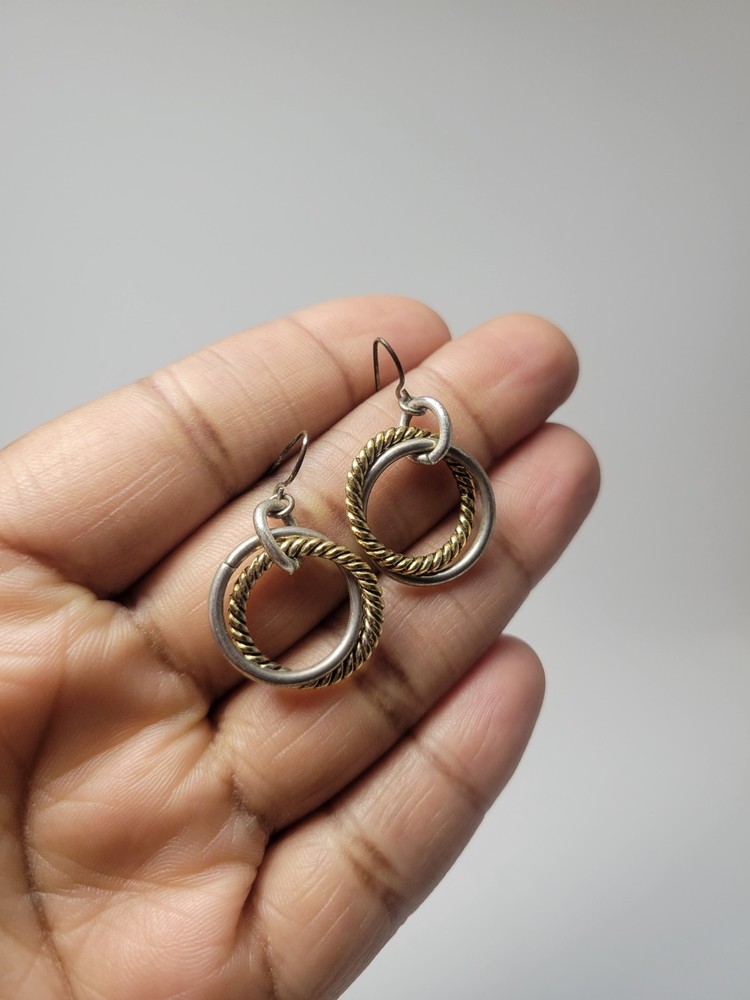 Vintage Two Tone Interlocked Circle Dangle Earrings Silver Gold Rope Twist