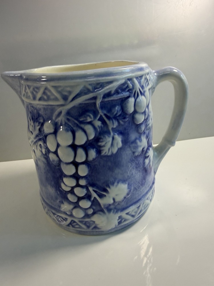 ARMP?  Pottery Pitcher Glazed Blue White Grapes Leaves 6” Stoneware
