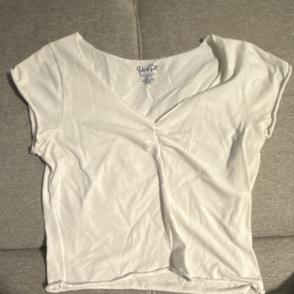 John Galt White Ruched V-Neck Short Sleeve Cotton Women's T-Shirt One Size