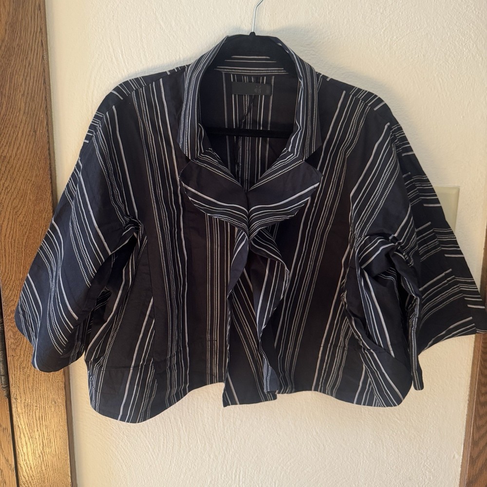 Moyuru Tokyo black & white striped ruffle placket button down top / One Size