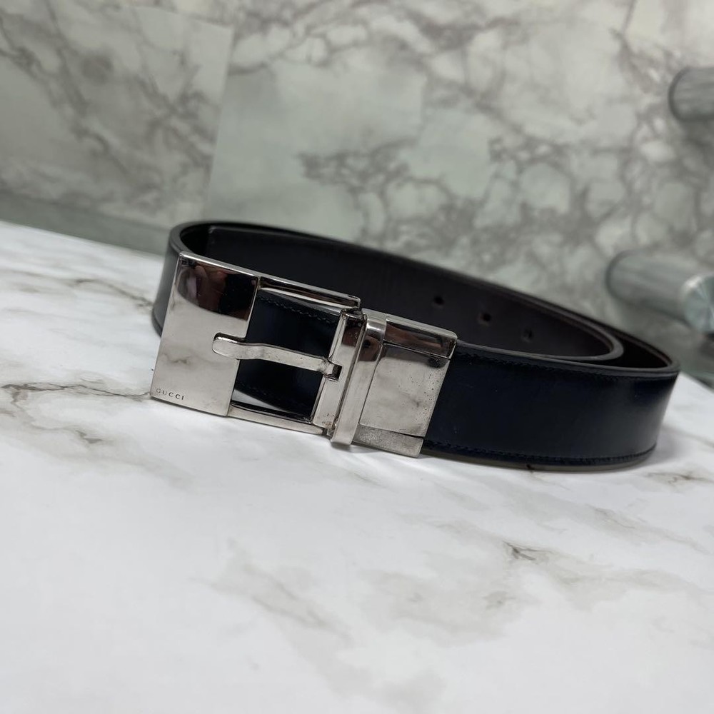 Gucci Reversible Black Silver Leather Belt 2.9cm Pre-Owned