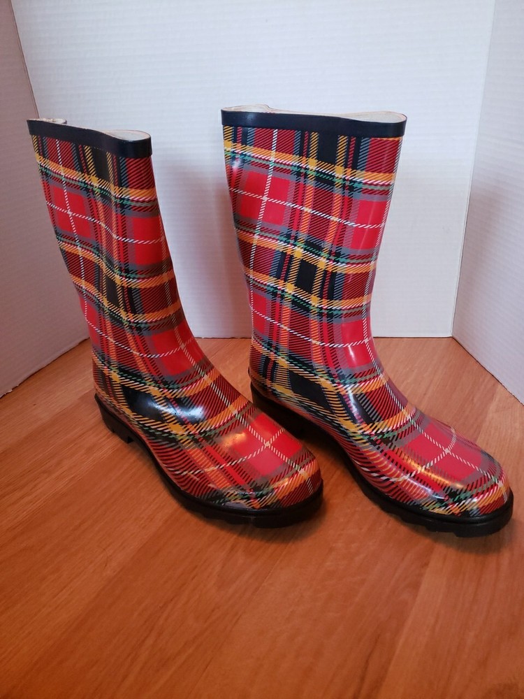 Sporto Rain Boots Evi Women's size 10M Red Plaid Mid-calf Slip On