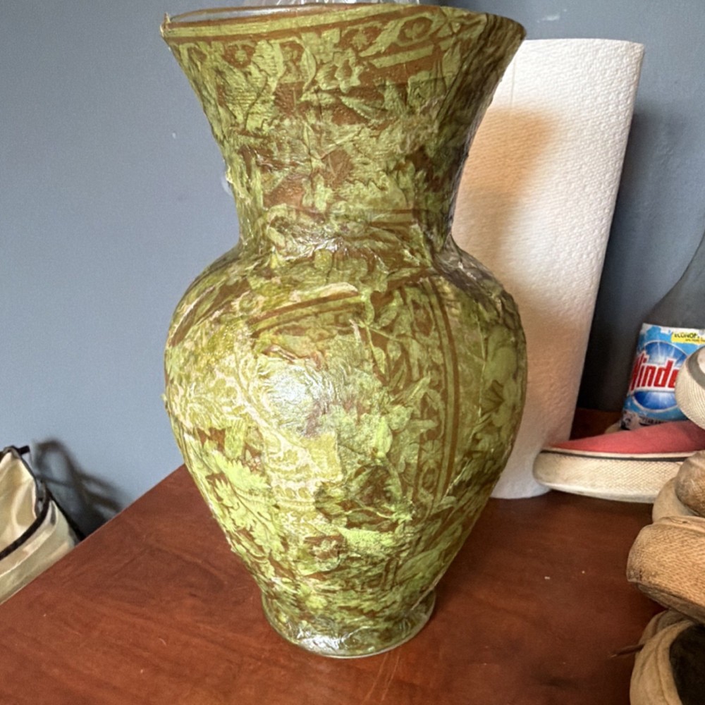 Green Brown Glossy Ceramic Decorative Vase with Floral Pattern