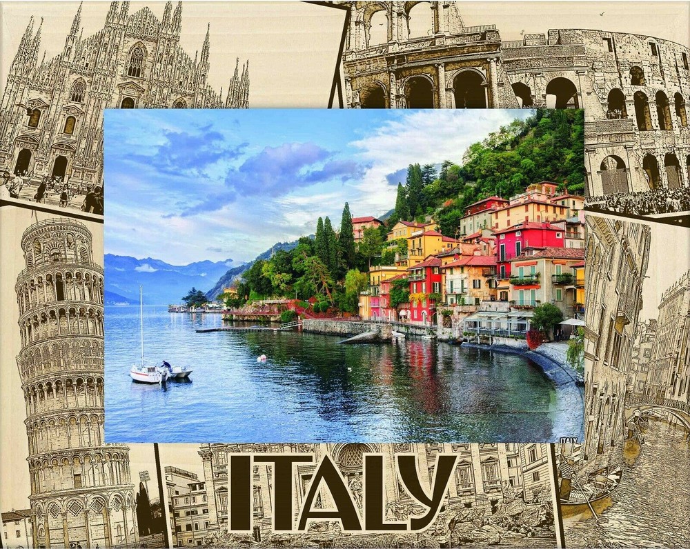 Italy Collage Laser Engraved Wood Picture Frame Landscape (4 x 6)